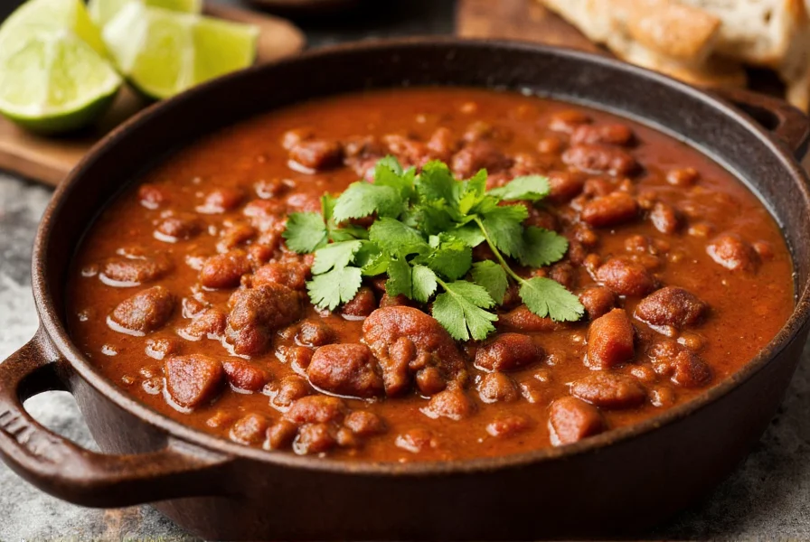 Authentic Texas-style chili in cast iron pot with fresh cilantro garnish and lime wedges