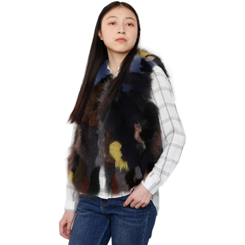 

New design good quality round neck mixed color real fox fur vest for women