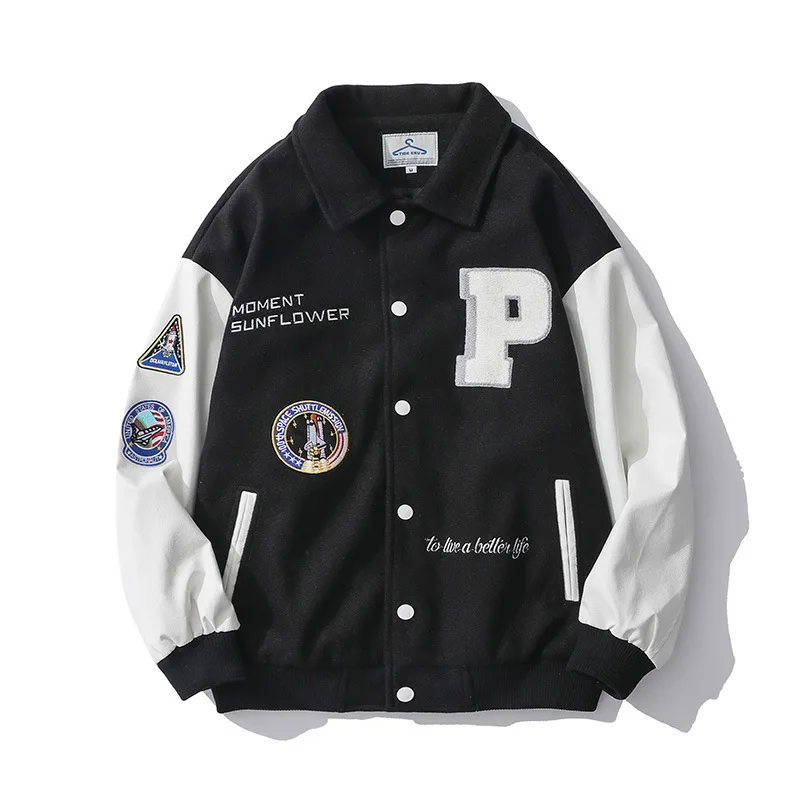 

Custom Logo Embroidered Jacket School College Baseball Varsity Jacket Men Fashion Design Loose Fit Street Wear Hip Hop Coat