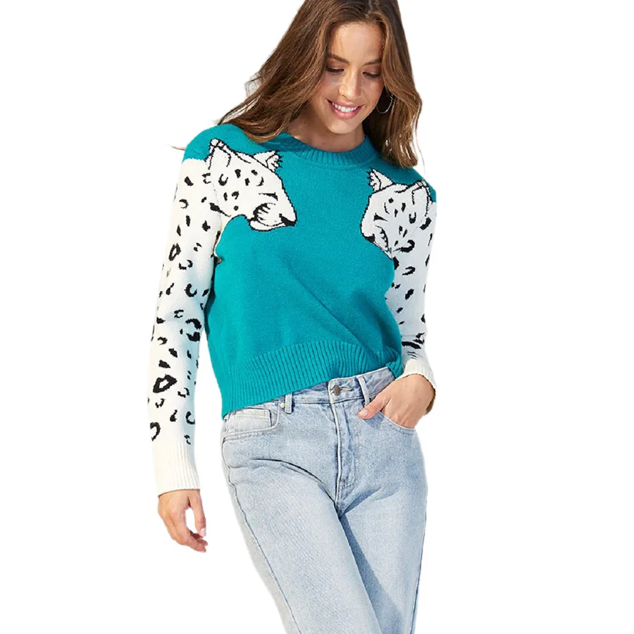 

soft leopard sweaters for women winter warm thick printer navy blue sweater one piece top blouses, As pics