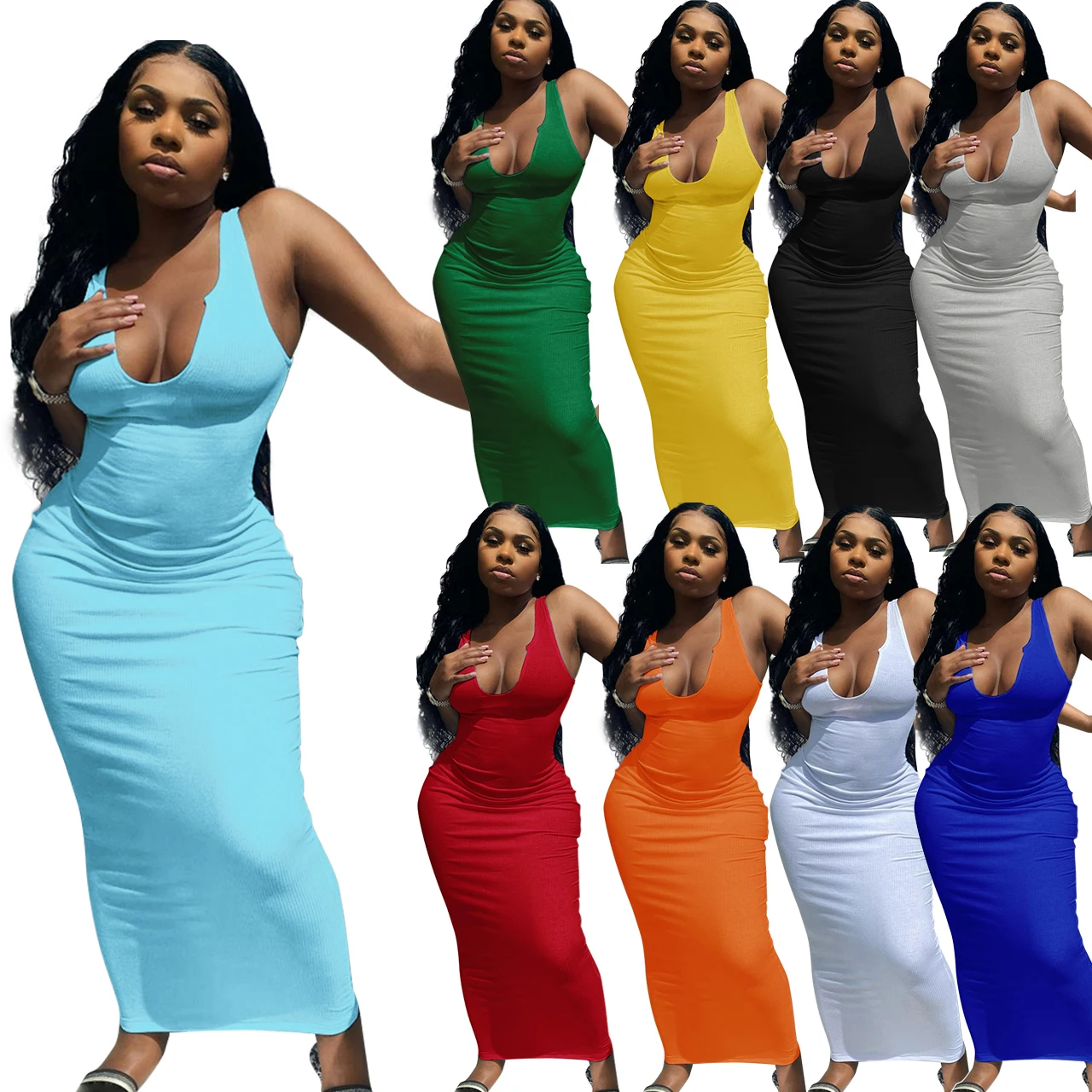 

2021 Trendy New Arrivals Elegant Casual Dresses Women 9 Color Sexy Deep V-neck Sleeveless One Piece Bodycon Dress Long Sundress, Yellow/orange/green/black/blue/rose red/light blue