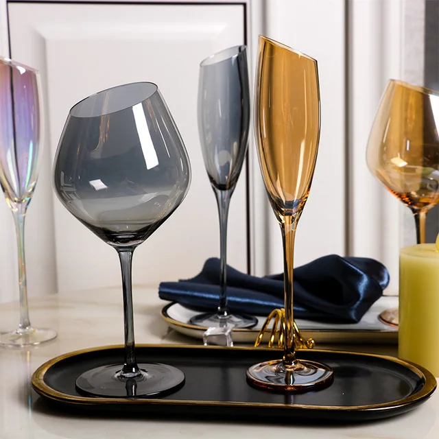 

Stock electroplated champagne flutes amber grey rainbow crystal glasses bevel wine glass goblet, Rainbow color