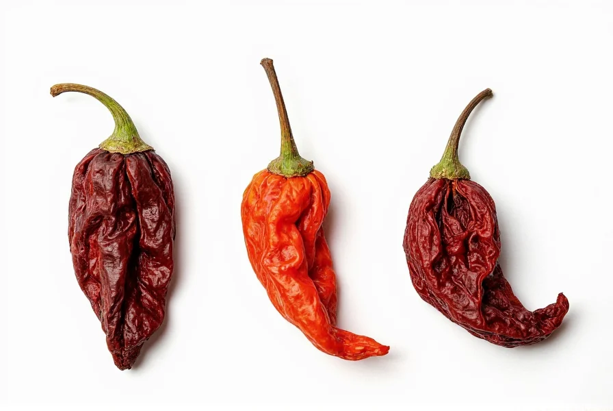 Side-by-side comparison of dried ancho chili peppers, pasilla peppers, and mulato peppers showing their distinct shapes, colors, and sizes on a white background