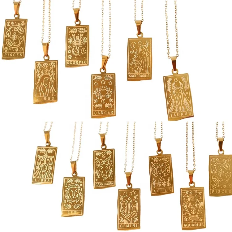 

Women accessories jewelry 18k gold plated 316l stainless steel pendant astrology horoscope tarot card 12 zodiac sign necklace