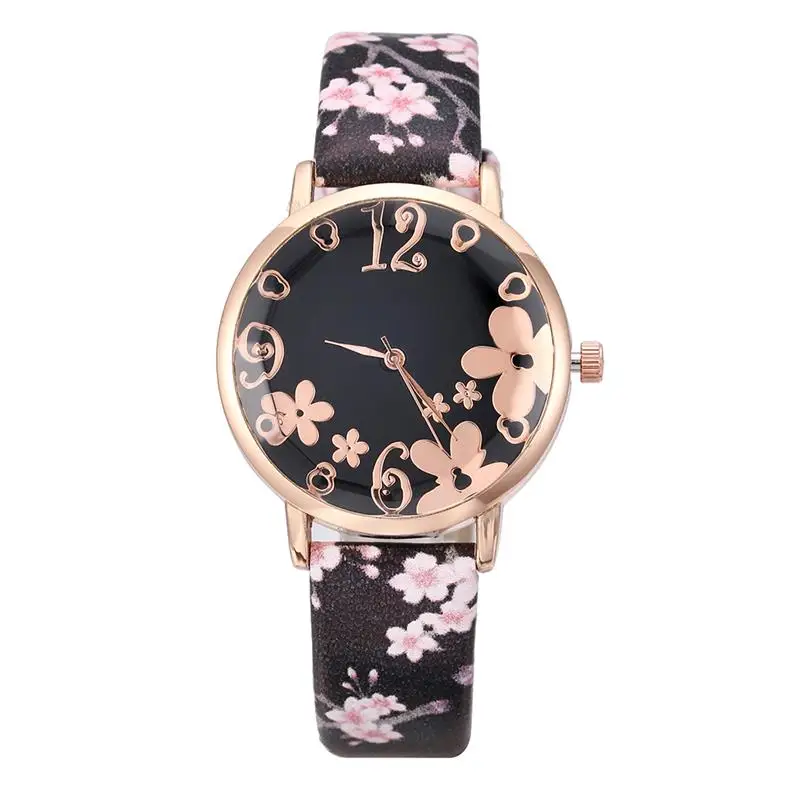 

Stylish Charming Casual Beautiful Flower Creative Leather Band Woman Watch Color Ladies Watches, As picture