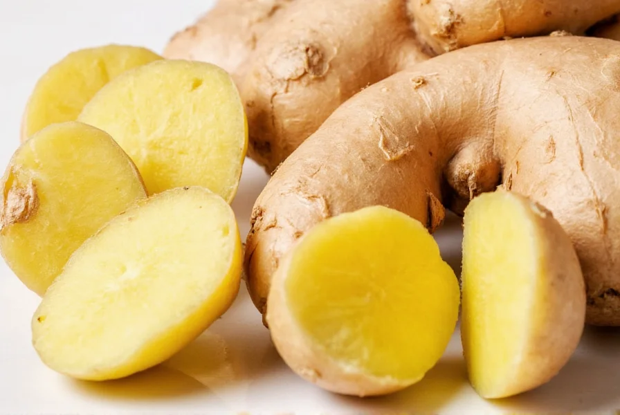 Close-up view of fresh ginger root showing fibrous texture and golden interior