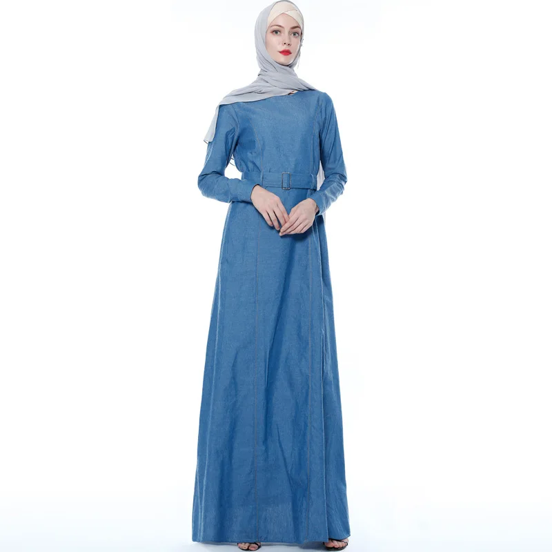 

LSY205 denim fabric Muslim long dress Islamic Clothing Fashion Kimono Arabic Style Dubai Muslim Abaya, Picture color
