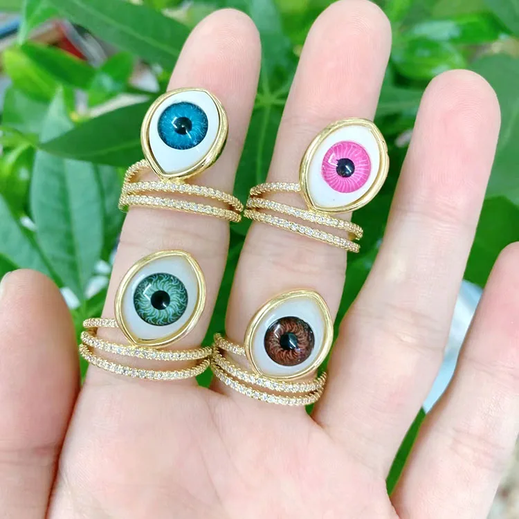 RN1331 Fashion Protective Jewelry Gift 18K Gold Plated CZ Paved Resin Turkish Evil Eyes Lucky Rings for Women Girls