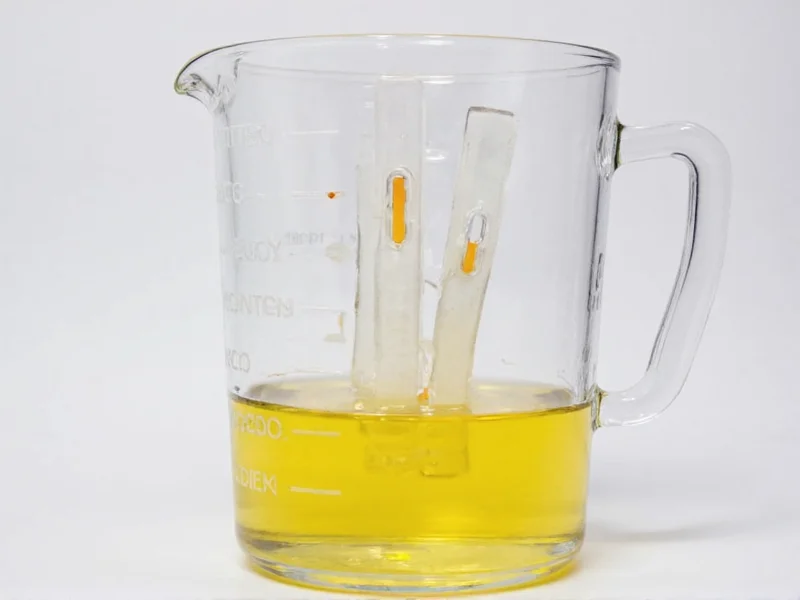 pH test strips showing vinegar acidity level in glass measuring cup