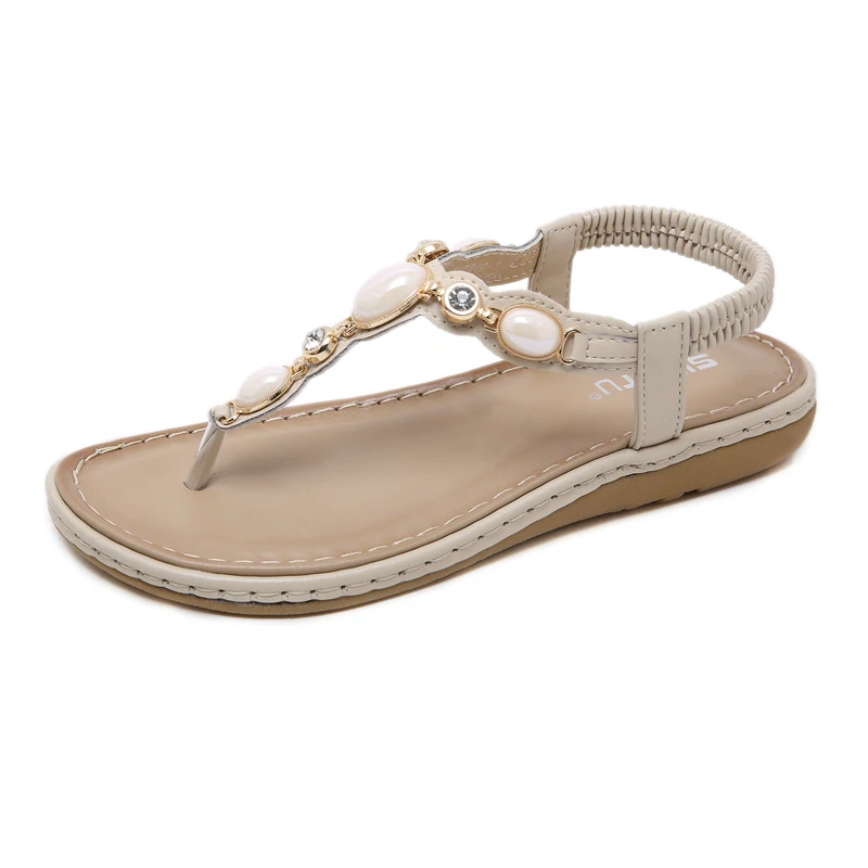 

Dropshipping Ladies Summer Outdoor Beach Casual Sandals Solid Color Flip Flops Beaded Ankle Strap Flat Women Retro Sandals