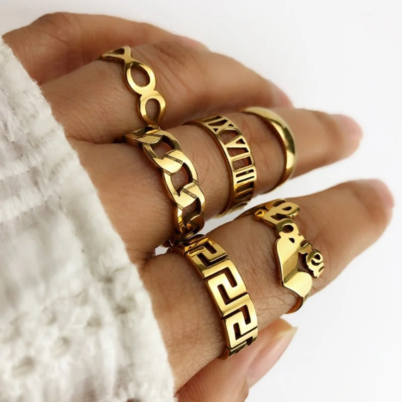 

Dainty Customize Trendy Rings Stackable Anillos Luxury Stainless Steel Jewelry Set Adjustable 18K Gold Rings Chunky Rings, As pictures