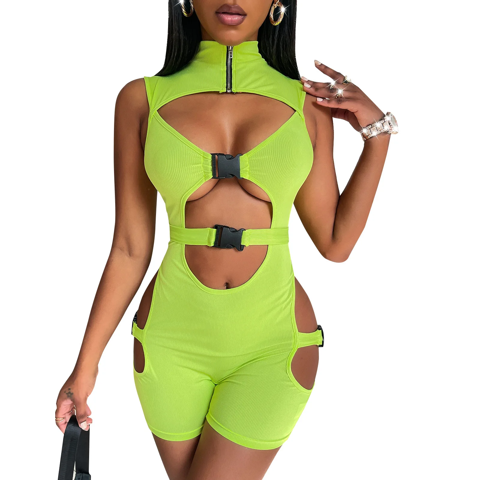 

2022 Women Cyberpunk Clothes Solid Color Fashion Hollow Out Cut Out Rompers One piece Jumpsuits Playsuits