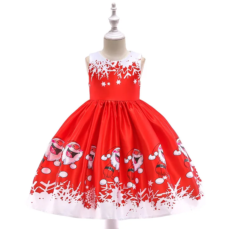 

2020 Christmas Dress Elderly Snowflake Cartoon Print Princess Dress Sweet Girl Costume Xmas Gift, White ,red