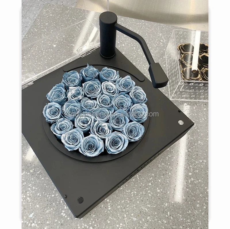 

Record player gift box real rose flower in acrylic box long lasting real forever rose disk reproducer with preserved rose