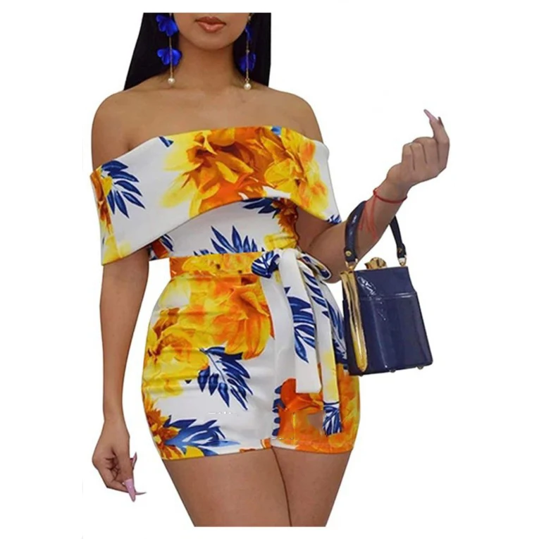 

Fvshion Africa Clothing Low Moq Print Playsuit Women Ruffled Jumpsuits Girls' Shorts Off Shoulder Combinaisons Sexy Jumpsuit