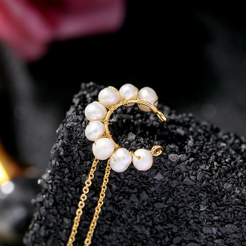 

e0113 Handmade Fresh Pearl Clip Earring Single Chains Drop Jewelry For Women Freshwater Pearls