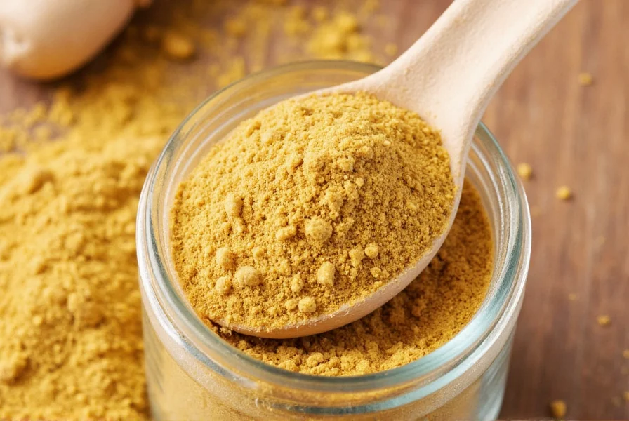 Close-up view of golden brown dry ginger powder in a glass jar with measuring spoon