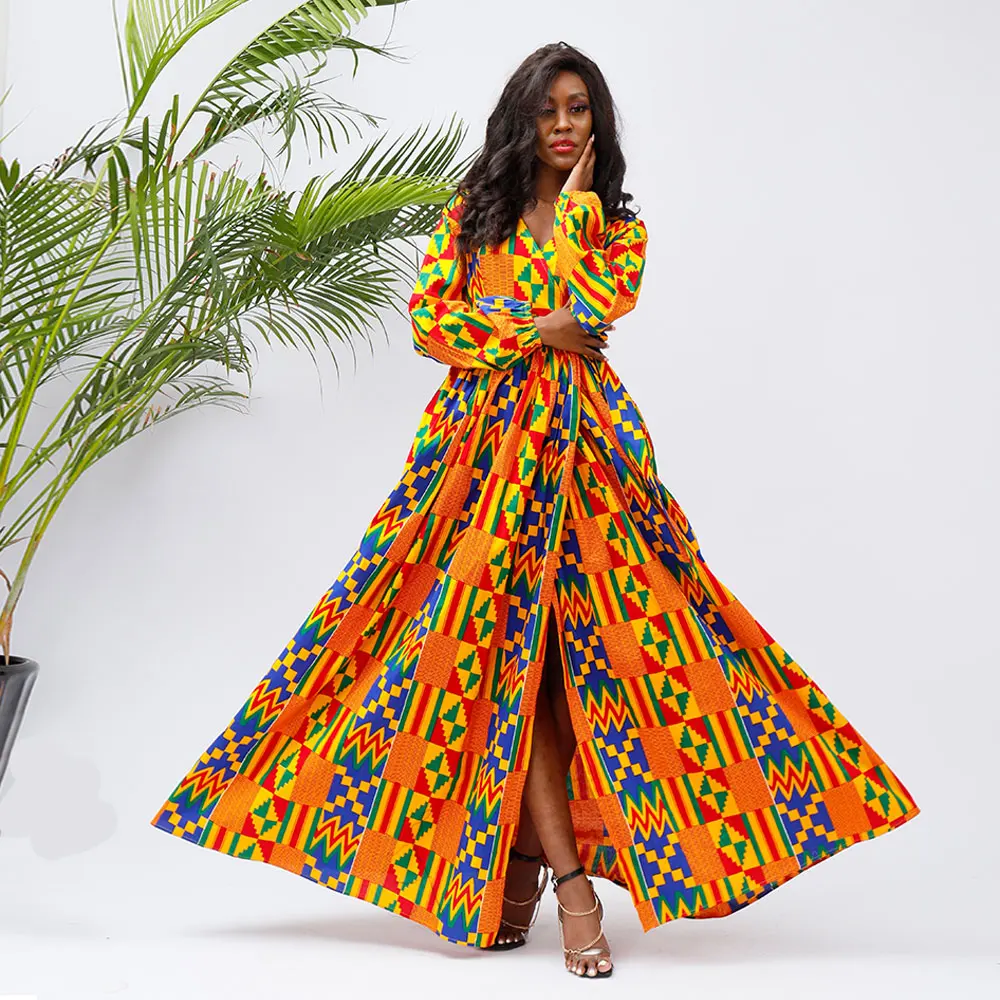 

Factory Price African Printing Women Dress Long Sleeves Open Folk Dress Kitenge Designs Party Dress, Picture