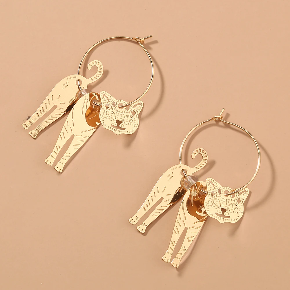 

Unique Cute Funny Lovely Cat Hoop Earrings Women Girl Animal Jewelry, Golden