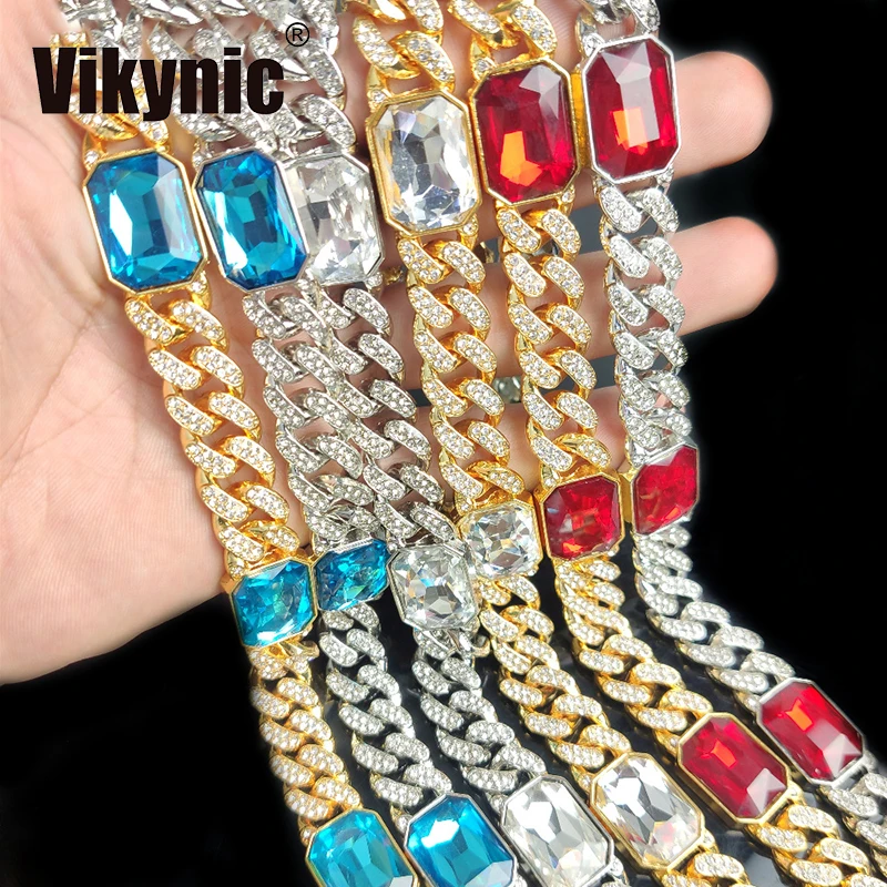 

22k Gold Plated Hip hop 12mm Four Gemstone Diamond Chain Cubic Zirconia Necklace Iced Out Necklace Cuban Link Chain Necklace, Gold/silver