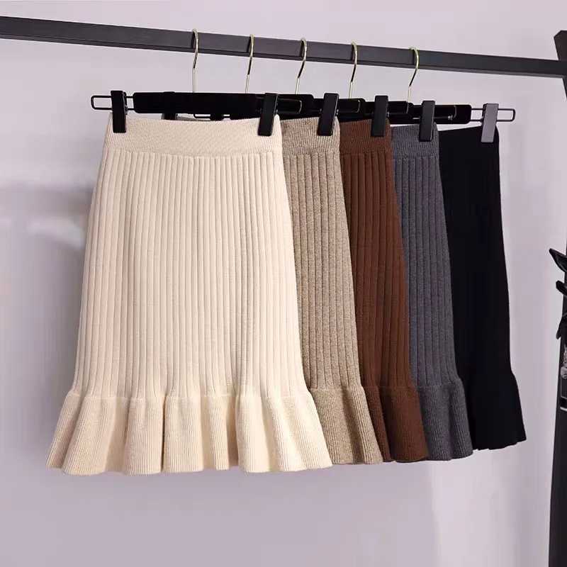 

High Quality women's mini knit high waist elastic bodycon wrap hip fishtail skirt, Khaki, gray, black, apricot, coffee