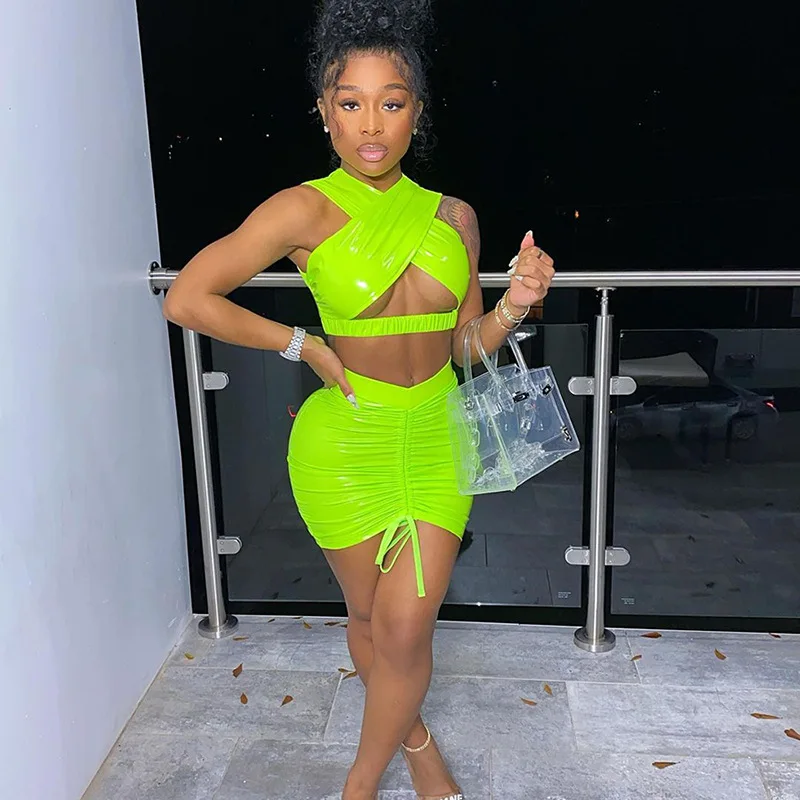 

Ruched Neon Green Two Piece Set Club Outfit Women Hollow-out Cross Bra Crop Tops And Drawstring Mini Skirt Women Skirt Sets, Black, fluorescent green, khaki