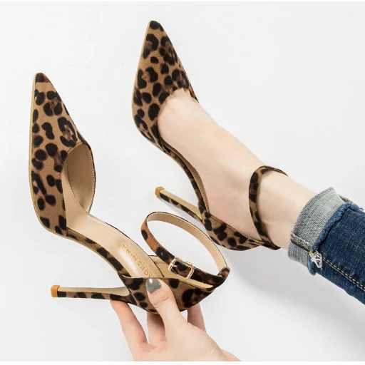 

Suphini ankle strap leopard sheep leather slim super high heel women sexy party club pumps