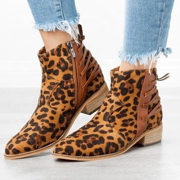 

2020 Hot Selling Thick Heel Plus Size Lace Up Short Boots European Short Tube Suede Leopard Print Mid-Heel Women's Short Boots, Black/ khaki/ brown/ leopard