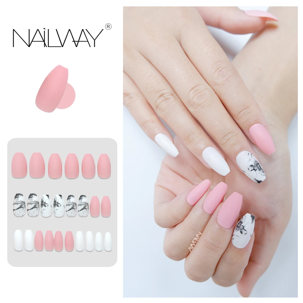 

New Matte Fake Nails Manicure Long Coffin Press On Nails Pink White Marble Artificial Fingernails, Pink and white