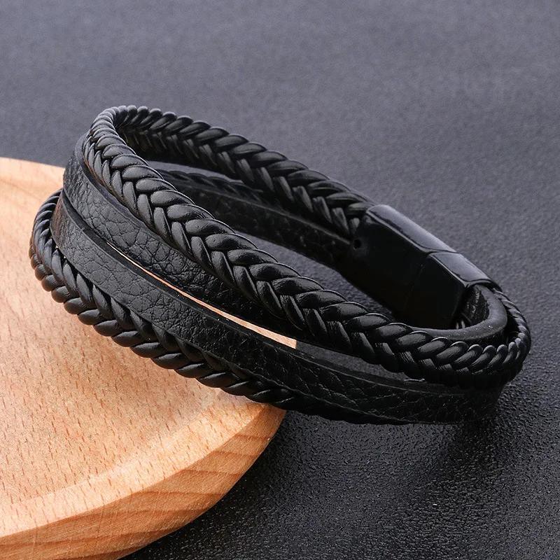 

Hotselling Handmade Multi-Layer Braided Leather Bracelet for Men Magnetic Clasp Cowhide Leather Bracelet