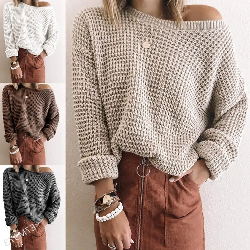 

2021 Fall Clothes Elegant Casual Knitted Oversize Warm Pullovers Women Tops Fashionable Cut Out Off The Shoulder Sweater