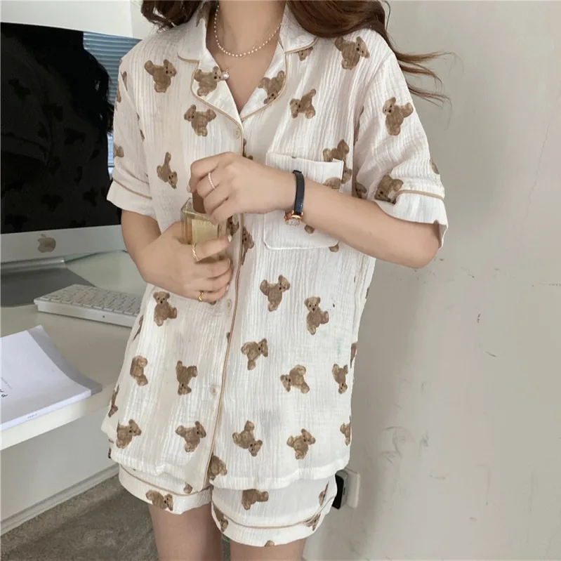 

Korean Style Bear Print Supplier Pajamas Women Cotton Pajama Set Nightwear For Women Pijama Pyjamas Set, Picture shows