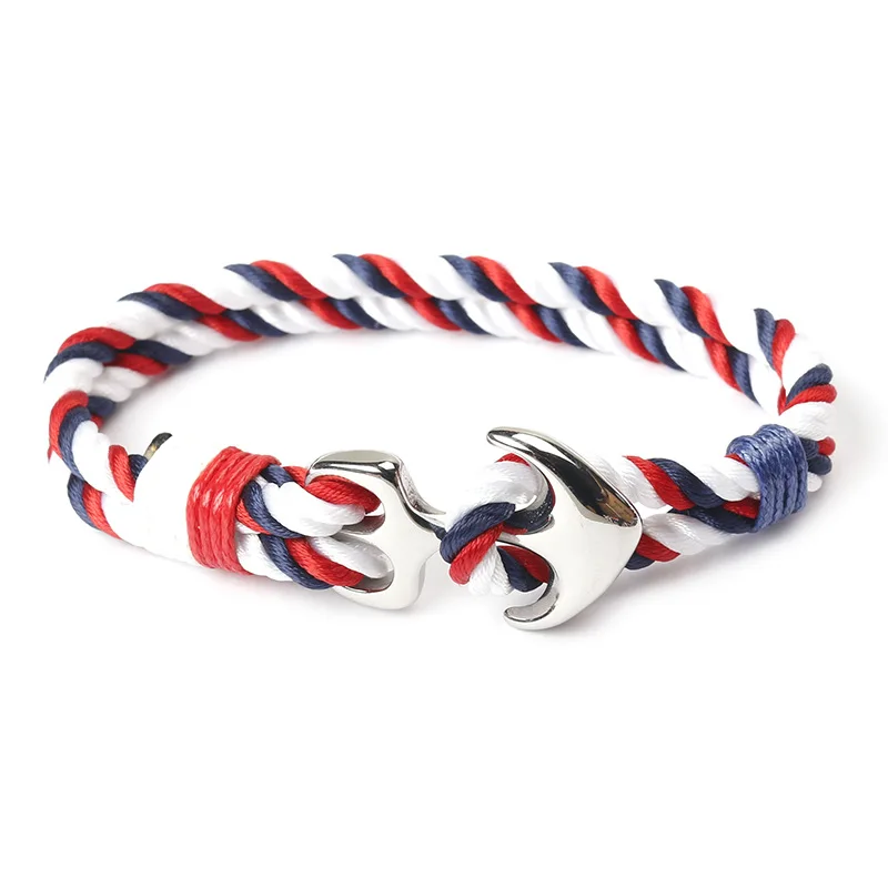 

Navy Style Handmade Jewelry Nylon Rope Woven Fashion Bracelet Silver Plated Stainless Steel Anchor Bracelet Men, Picture shows