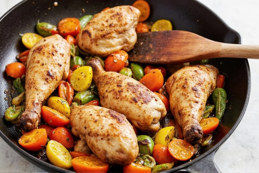 Close-up of pan roasted chicken and veggies with fresh herbs