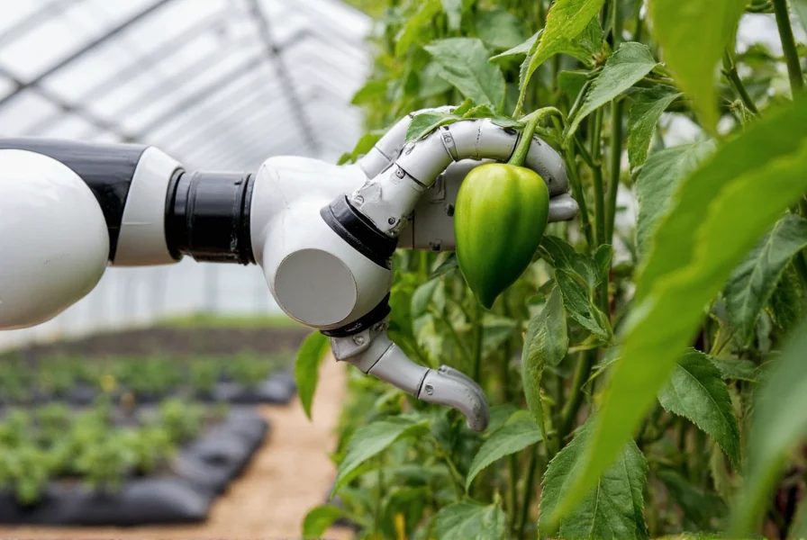 Close-up view of robotic arm with specialized gripper gently harvesting bell peppers in greenhouse setting