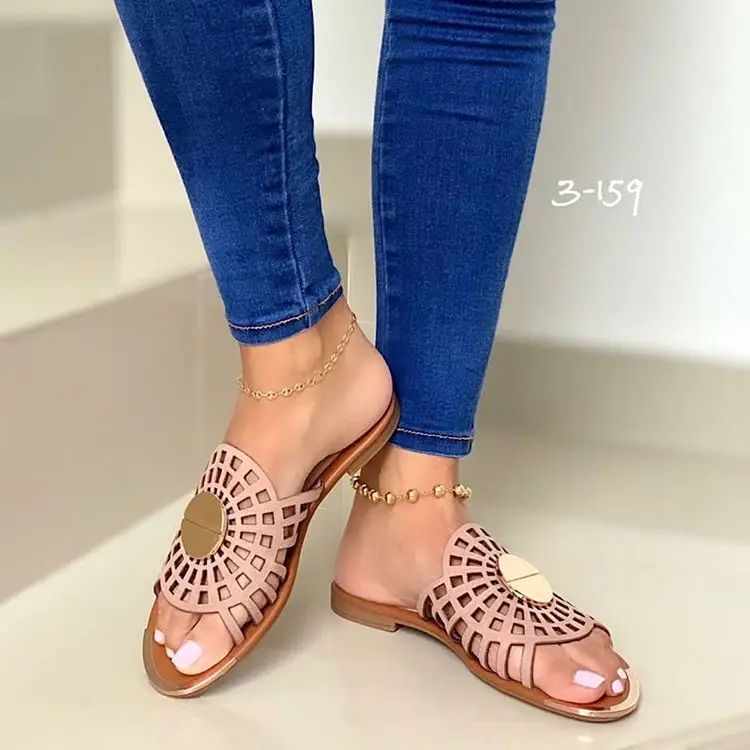 

Women's slippers 2021 summer flat bottomed women's shoes open toe metal leisure outdoor slippers drop shipping, Blue, black, pink, gold