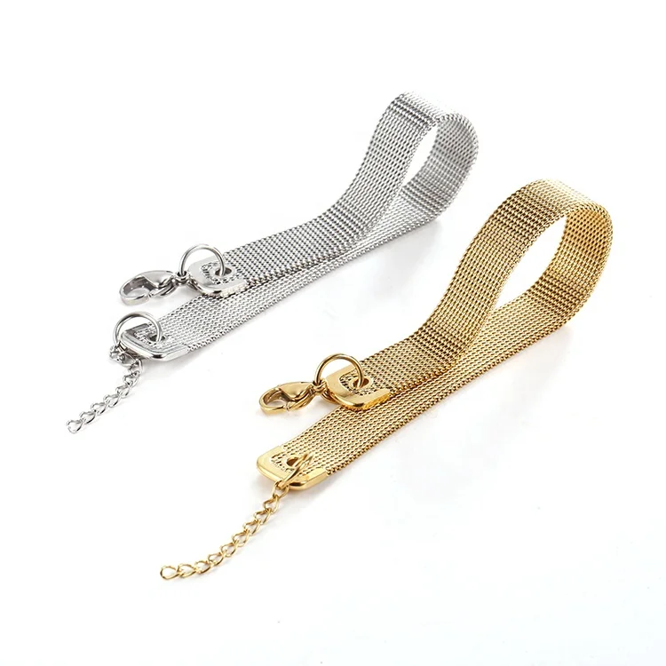 

New Design Inspire Jewelry Stainless Steel Gold Adjustable Wristband Flat Mesh Chain Link Bracelet, Gold/silver