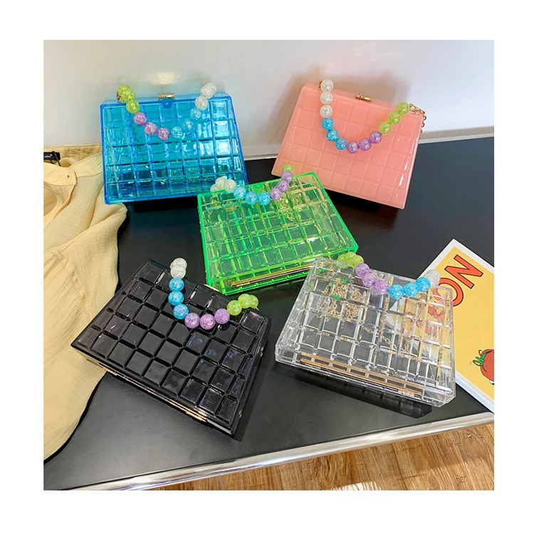 

Transparent Checkered Jelly Bags Colorful Beading Summer Acrylic Box Purses Women Plaid Chain Crossbody Bag Clear Tote Handbags