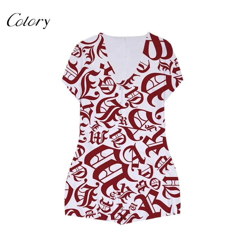 

Colory Summer Sexy Hot Ladies Europe Women Nightgown All Over Printing Onesie Front Open Shorts Romper Adult Onesie, Customized color