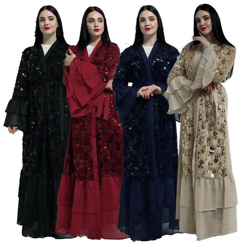 

High quality muslim women abaya sequin kaftan cardigan islamic evening party dress, Beige, navy, wine red, black