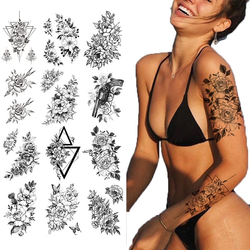 

Sexy Flower Temporary Tattoos For Women Body Art Painting Arm Legs Tattoos Sticker Realistic Fake Black Rose Waterproof Tattoos