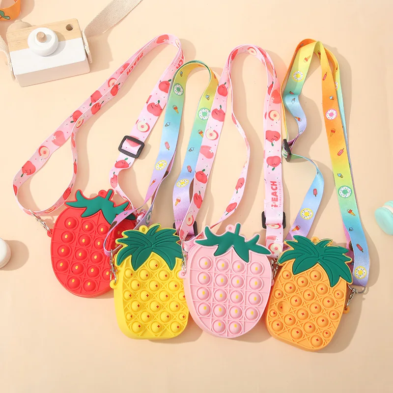 

2021 Hot Sale fashion Cute kid unicorn popit purses and handbags little girls Silicone mini coin purse pineapple for kids, Picture