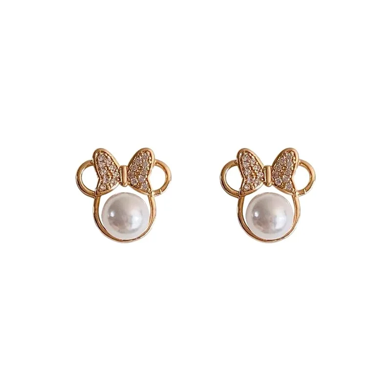 

Hot Selling Bowknot Mickey Head 925 Silver Needle Stud Earrings Small Pearl Cute Little Fragrant Mouse Rhinestones Earrings