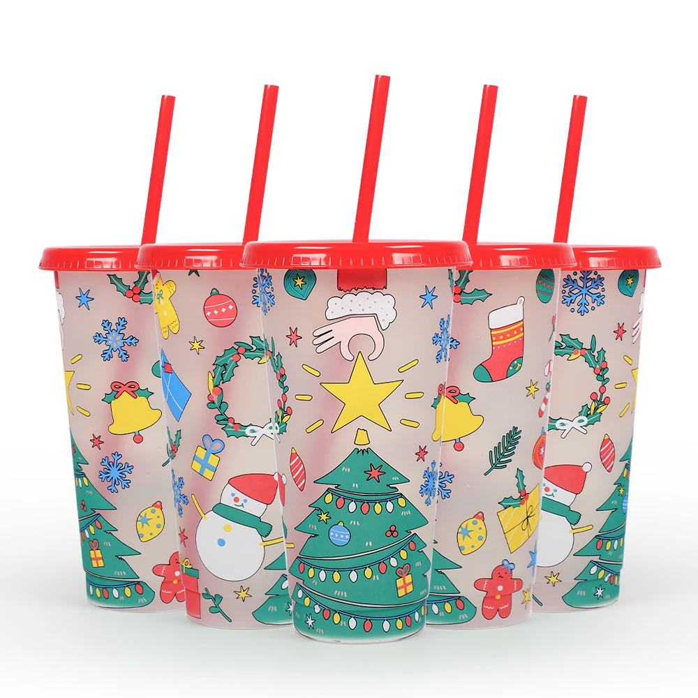 

Christmas Mug Gift Color Change Travel Reusable cold Plastic Coffee Cup With Lid And Straw