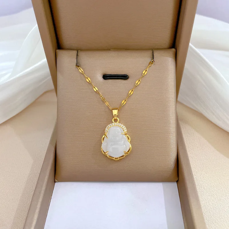 

Gold Plated Hetian Jade Laughing Buddha Pendant Necklace Cubic Zirconia Stainless Steel Buddha Necklace
