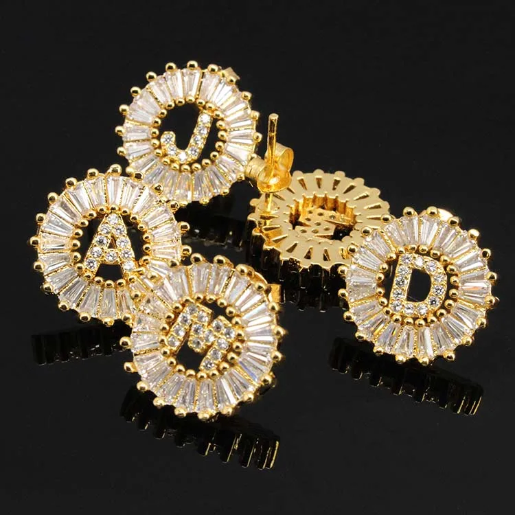 

EC1139 Fashion Dainty Cubic Zirconium Diamond Micro Insert Initial Letter Stud Earrings, Silver,gold,rose gold,gunmetal