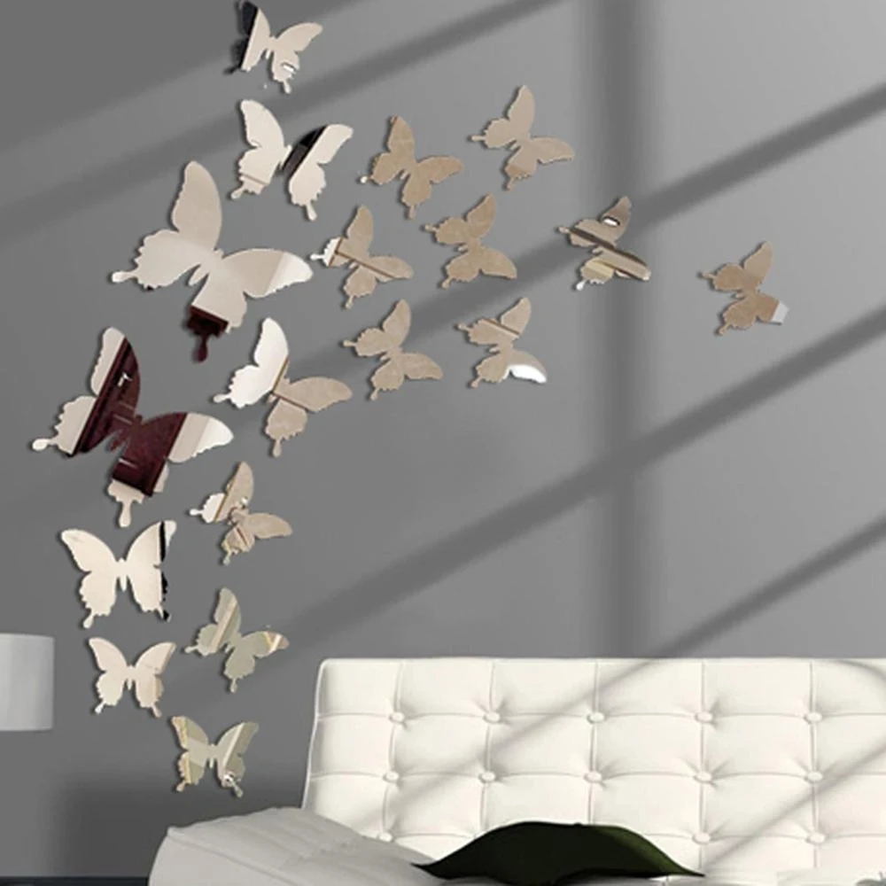 

24pcs Mirror Wall Sticker Decal Butterflies 3D Mirror Wall Art Party Wedding Home Decors Butterfly, 4colors