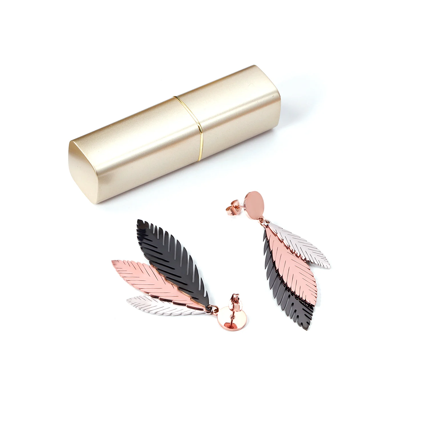 

New design Popular colorful feathers elegant rose gold plated plating drop earrings wedding/date/show wear earring