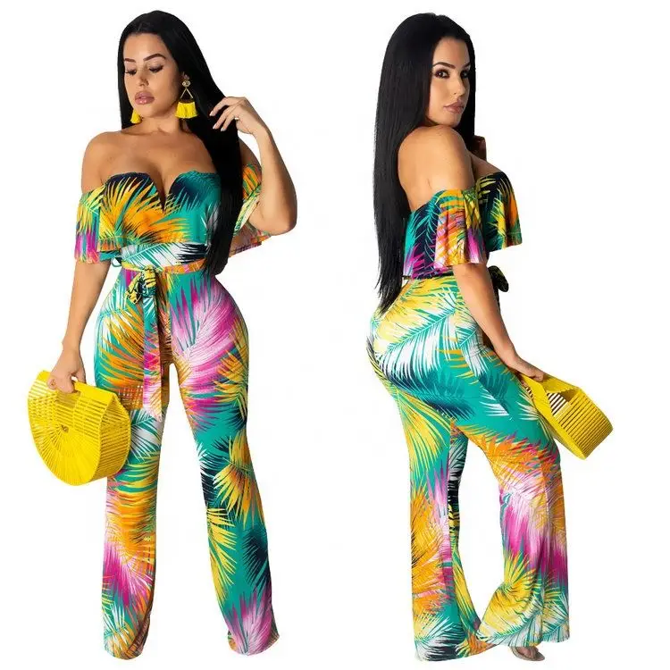 

2020 Fashion Womens Beach Sexy Off Shoulder Ruffle Summer Jumpsuits for ladies, As shown