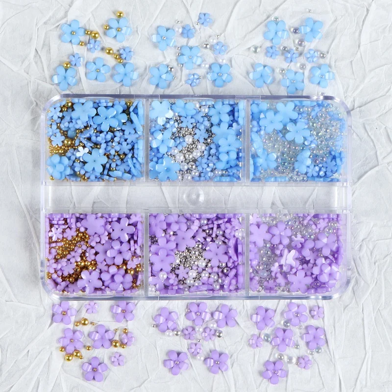 

Juli Wholesale New Fashion 6 Grids Mini White Gold Beads 3d Flowers Nail Manicure Resin Nail Charms For Nail Art, 7 colors